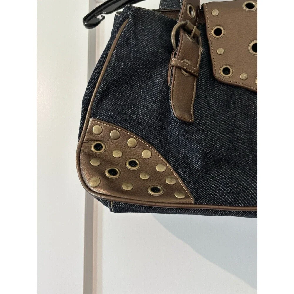 Franco Sarto Denim Blue & Brown Metallic Grommet Studded Y2K Satchel Tote Purse
